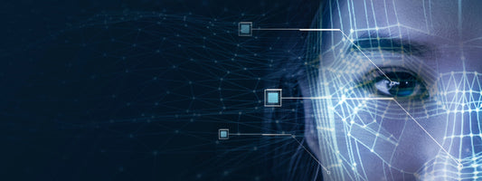 AI Woman in blue on the right and blank space in blue on the left.
