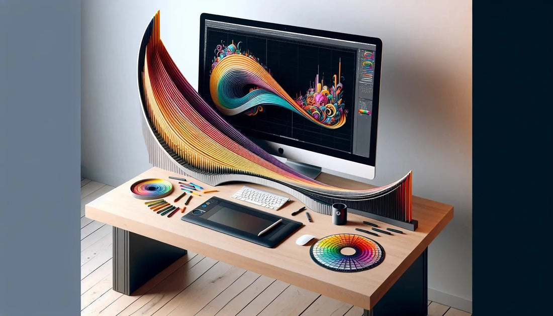 A graphic design desk with a lot of abstract color