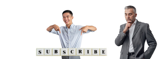 Two men looking at a subscription text