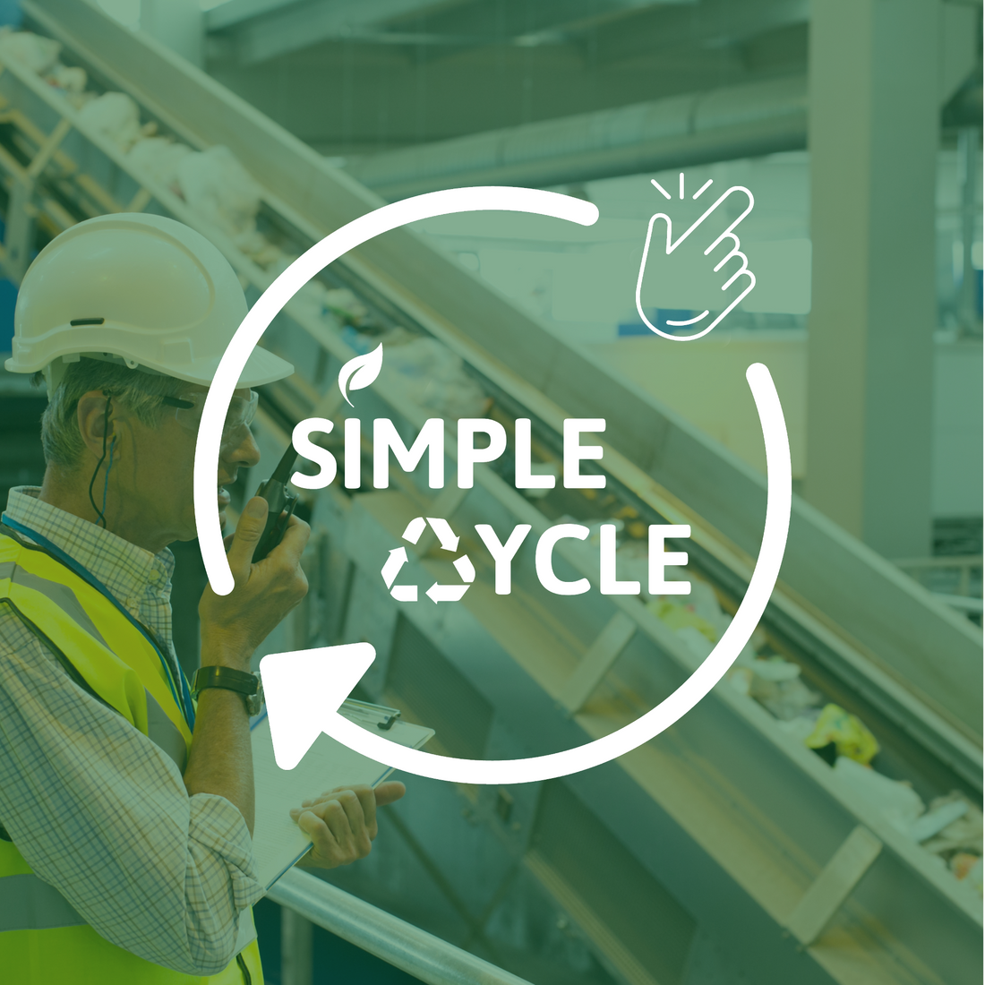 SimpleCycle logo design with a recycling factory in the background and white logo on top of a green backdrop