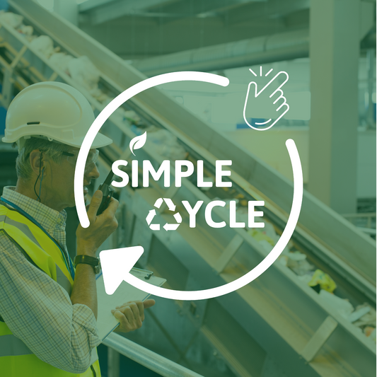 SimpleCycle logo design with a recycling factory in the background and white logo on top of a green backdrop