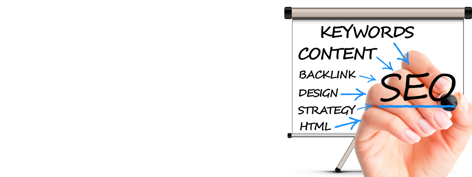 A white board with the words: keywords, content, backlink, design, strategy, and HTML written in black ink with a blue arrow pointing at the words SEO in black ink and being underlined by a blue pen.