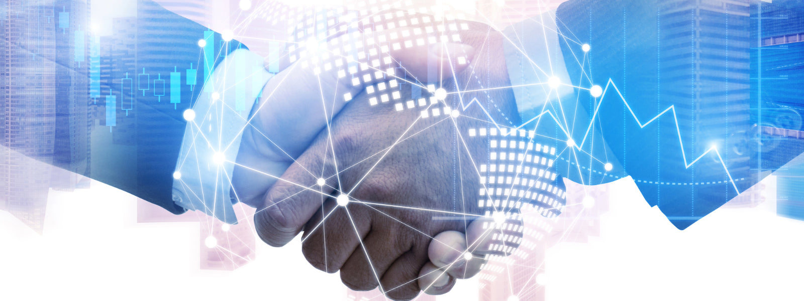 Hands shaking together with graphs and business graphics