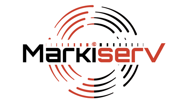 This is the logo for Markiserv. Markiserv is in the center. Half in black the other half in red. With a circle orbiting around the i inversed half in red and black. There are also rectangles stacked on top of Markiserv in red and black.
