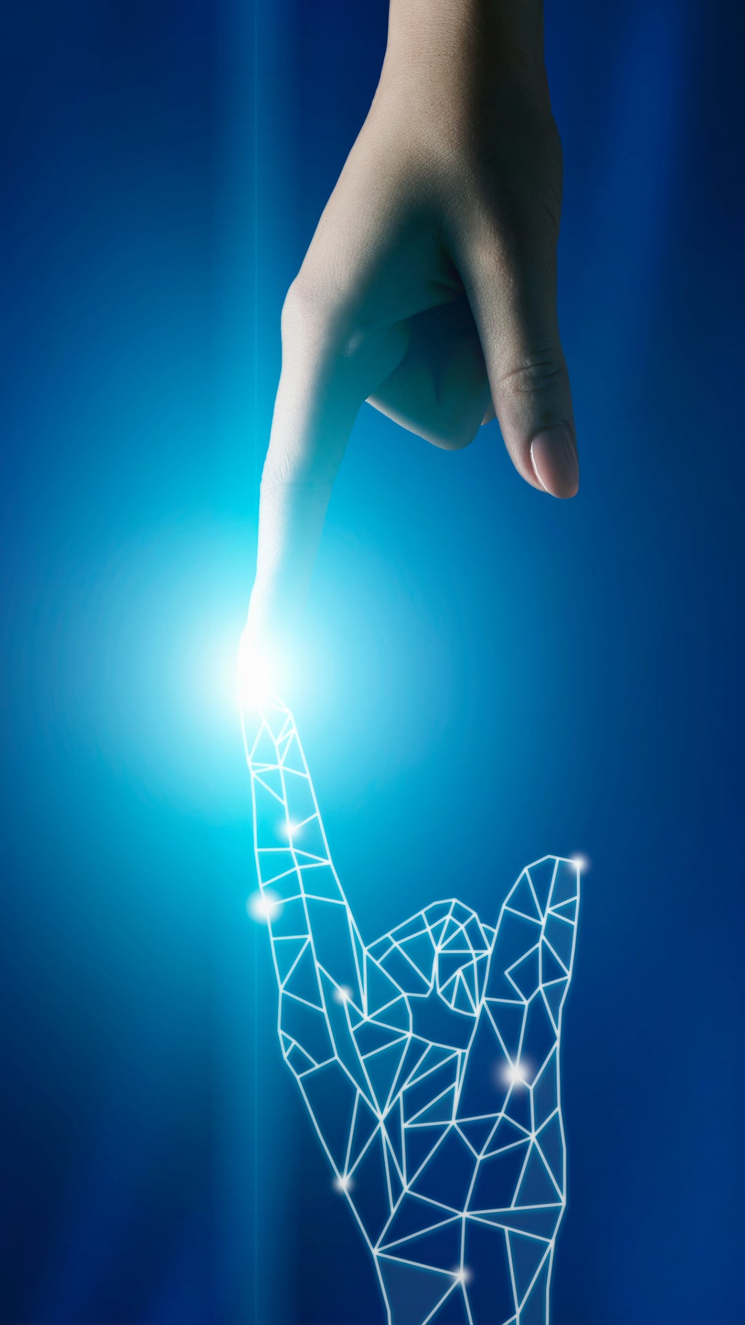 A human finger touching a digital one.