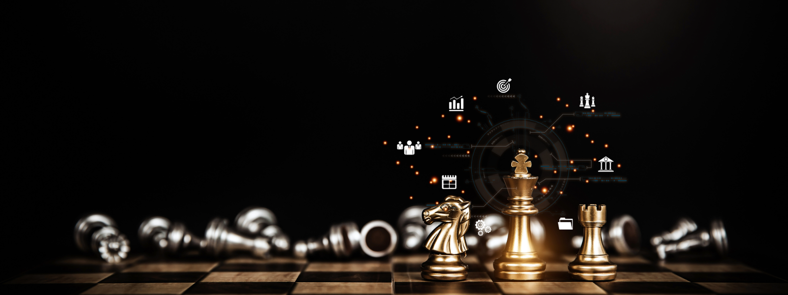 A chess board with golden pieces and defeated black ones with strategic symbols floating above the queen.
