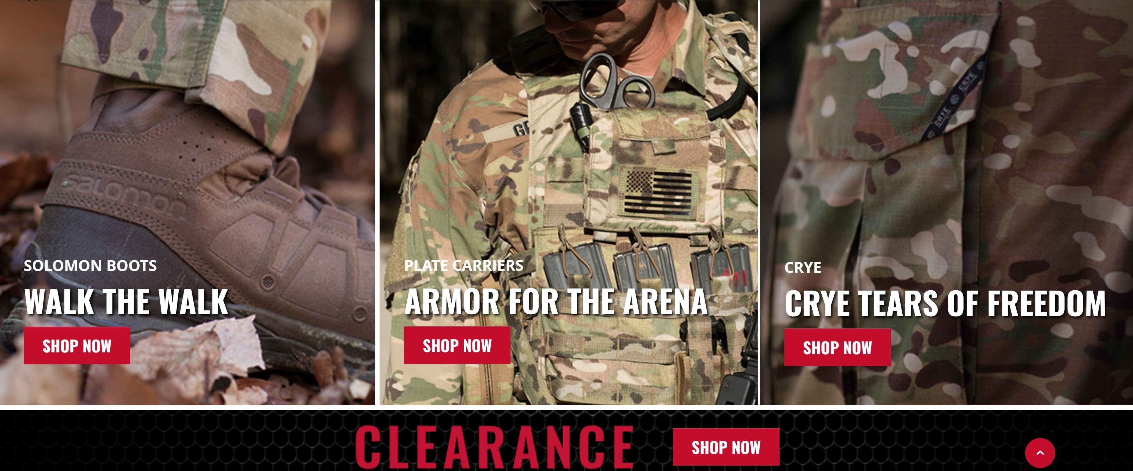 This is TAG's homepage snapshot with the following categories of: Solomon boots, plate carriers, and Crye gear. There is a clearance section beneath it.