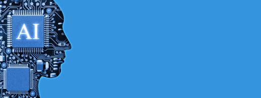 AI in blue with a face of a human outline in microchips