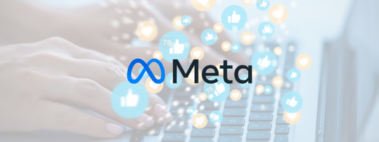 Meta logo with social media engagement icons in the background and a person typing on a laptop.