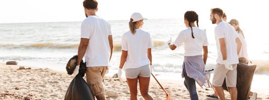 5 nonprofit workers cleaning a beach of litter, trash, and waste.