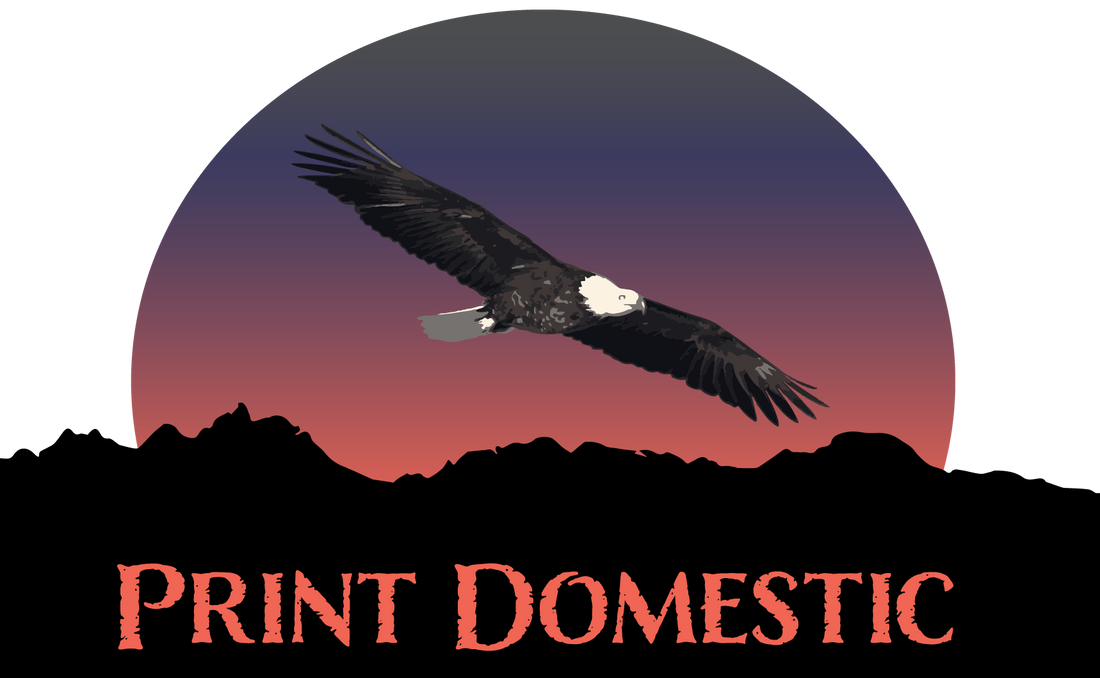 Print Domestic Logo with an Eagle and Mountains.