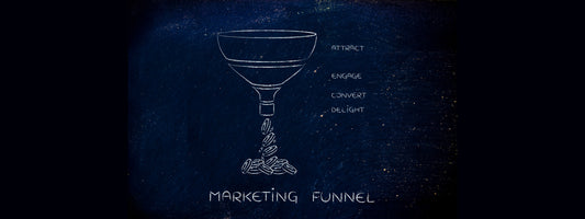 A marketing funnel with small explanations and coins at the bottom