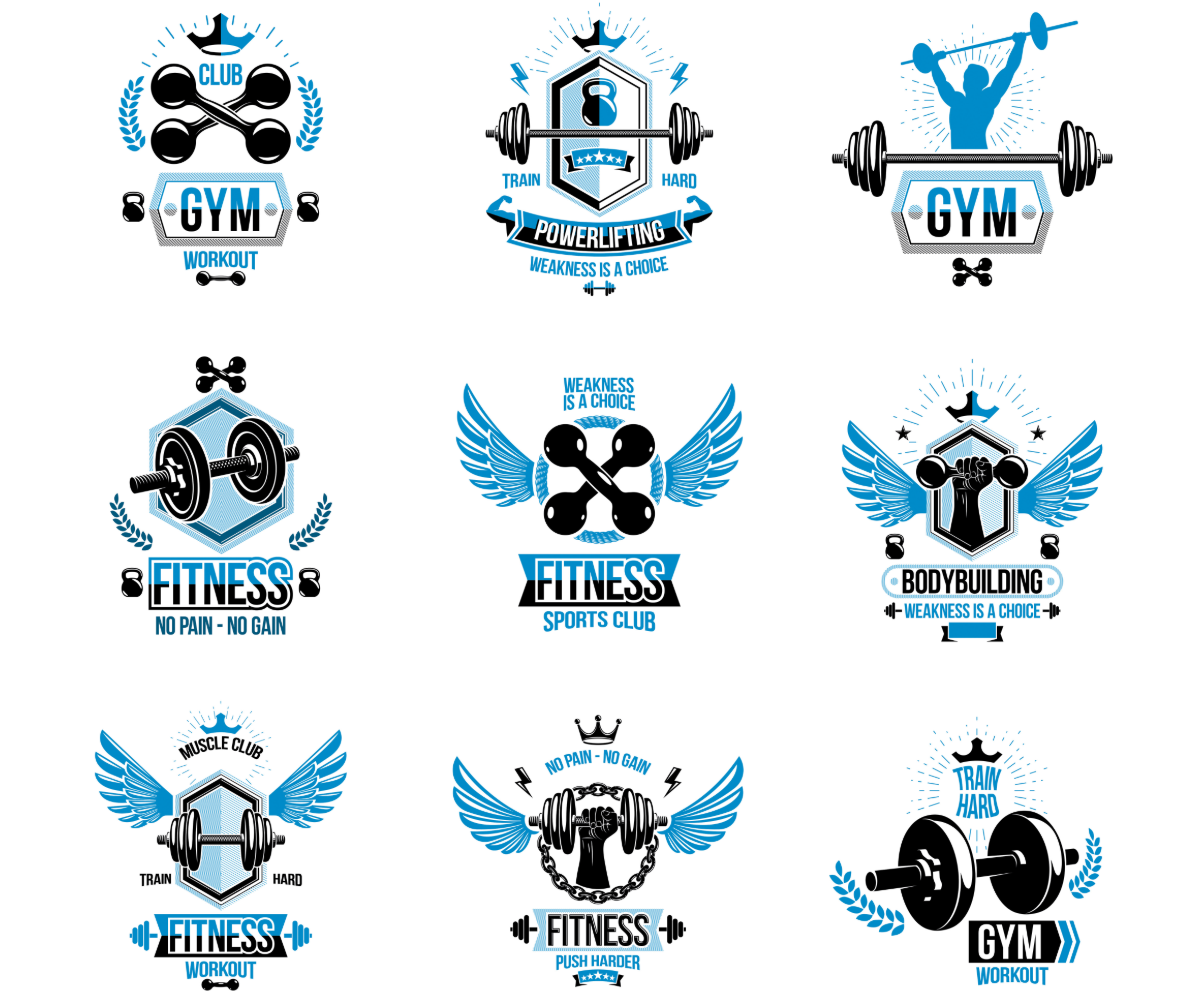 A handful of blue and black logo variants about the gym and lifting as an example of logo design.