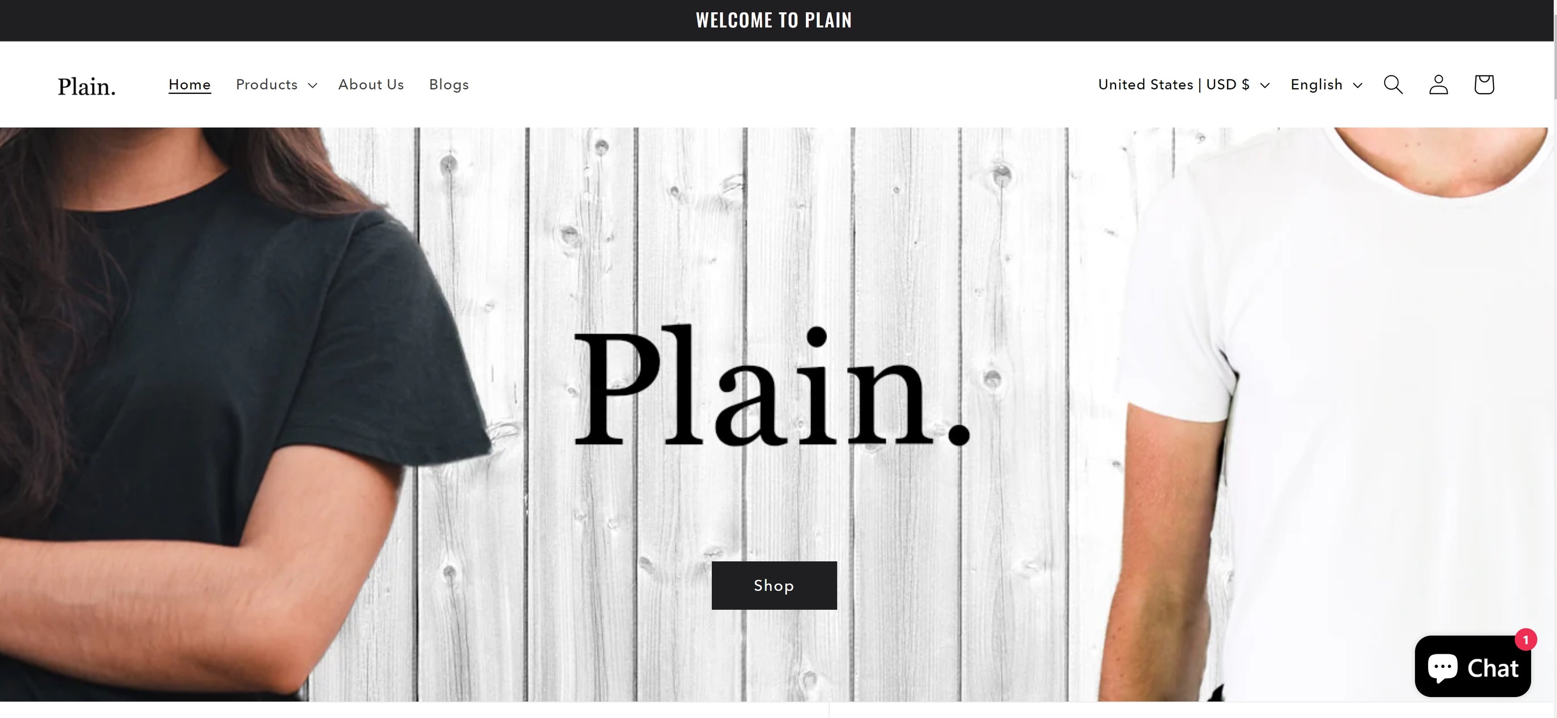 This is the homepage for plain clothing store with the word plain in the center next to a woman in a black shirt and a man in a white one. This banner design was made by Markiserv.